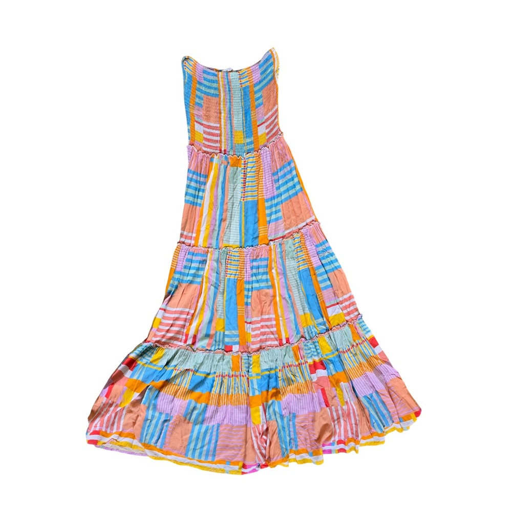 Abel the Label Strapless Maxi Dress Multi Color Patchwork Smocked Tiered Large - Picture 2 of 5